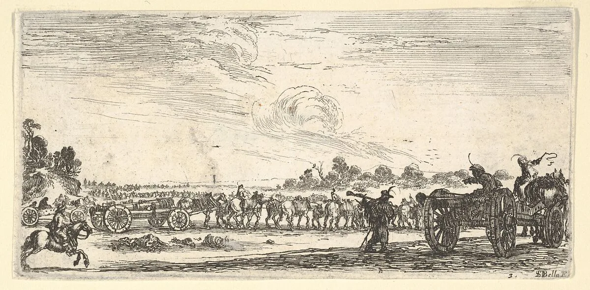 Plate 3: a procession of horse-drawn cannons, riding to the right, a horse-drawn cannon to the right seen from the back, from 'Troops, cannons, and attacks on towns' (Dessins de quelques conduites de troupes, canons, et ataques de villes) — Stefano della Bella