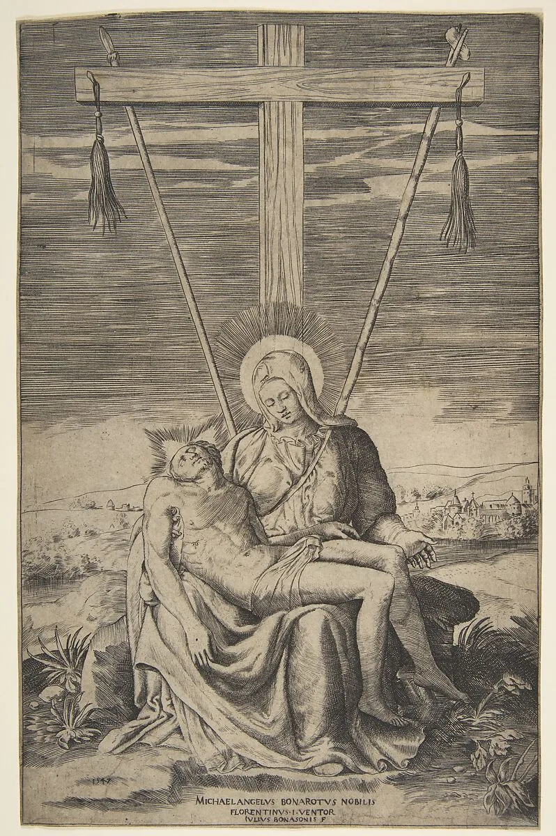 Pieta under the Cross of Golgatha — Giulio Bonasone|Michelangelo Buonarroti
