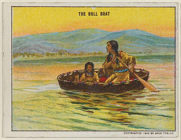 The Bull Boat, from the "Indian Life in the 60's" series (T73), issued with Hassan Cork Tip Cigarettes by the American Tobacco Company — American Tobacco Company