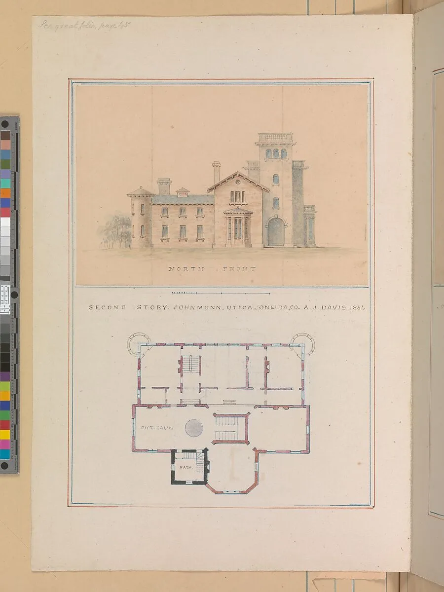 North Front and Second Floor Plan of John Munn House, Utica, New York — Alexander Jackson Davis