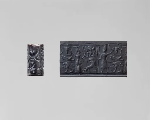 Cylinder seal and modern impression: hunter spearing a lion before deity with staff