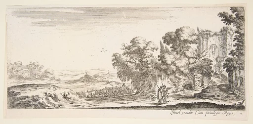 Plate 4: two pilgrims observing ruins to right, one pointing towards the right, a shepherd and a herd of cattle in center background, from 'Various landscapes' (Divers paysages)