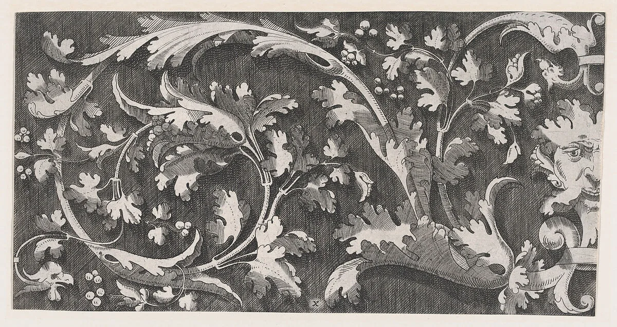 Ornamental Foliage with the Left Half of a Mask — Anonymous, Italian, 16th century|Enea Vico