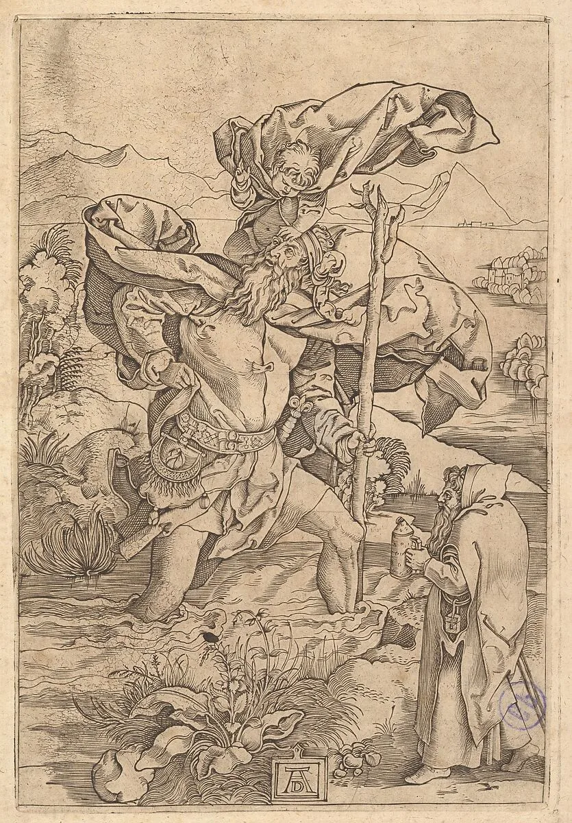 Saint Christopher crossing the river with Christ in the form of a putto on his shoulders and a hermit in the foreground — Marcantonio Raimondi|Albrecht Dürer