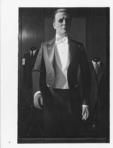 [Three 35mm Film Frames: Mannequin Advertising Dinner Jacket, New York City]