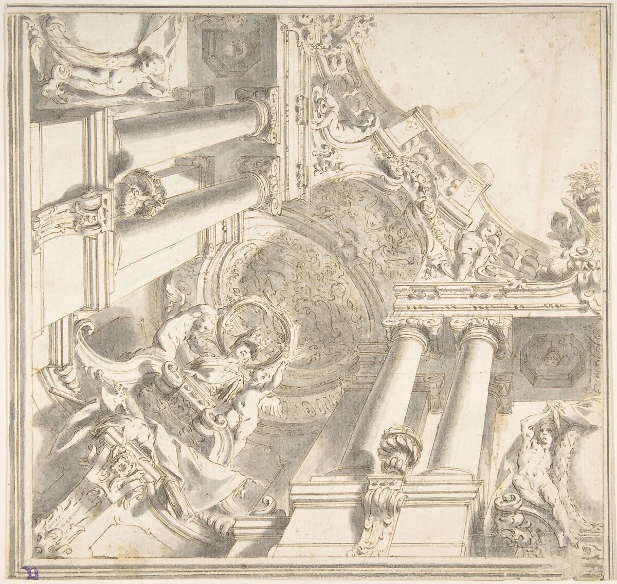 Design for a Quarter of a Trompe L'Oeil Ceiling with Architecture in the Ionic Order and a Statue of Victory — Vittorio Maria Bigari