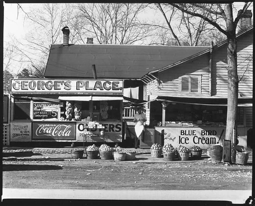 [George's Place Roadside Sandwich and Oyster Stand with Barrels of Produce in Front, Ponchatoula, Louisiana]