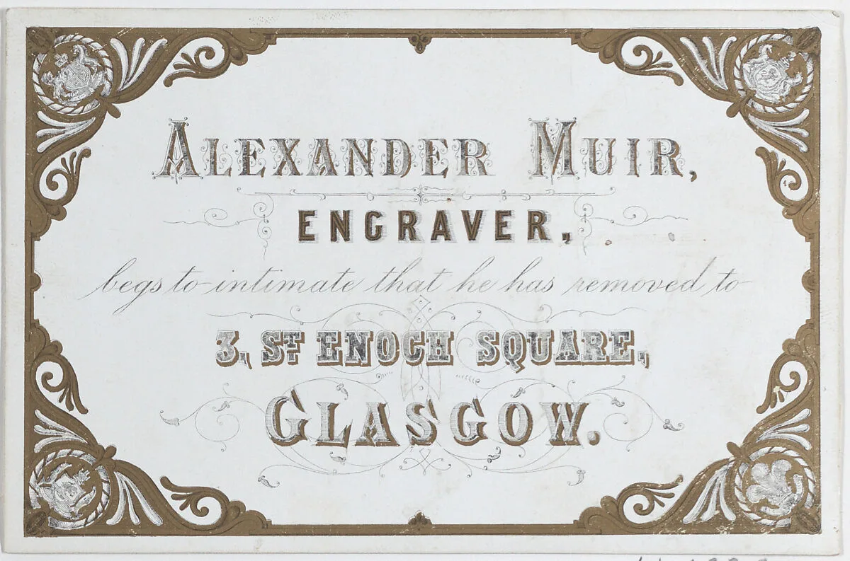 Trade Card for Alexander Muir, Engraver — Anonymous, British, 19th century