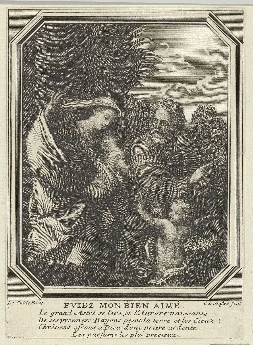 The Flight into Egypt; the holy family walking with the young John the Baptist, trees behind them, in an octagonal frame, after Reni — Guido Reni|Claude Augustin Duflos le Jeune