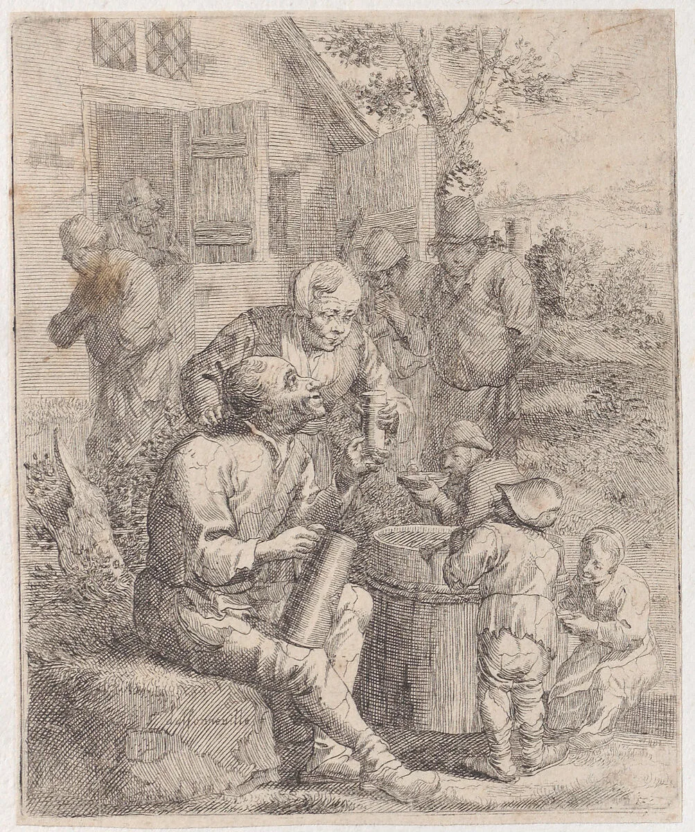 Nine peasants outside of a rustic house, with a seated man holding a pint and giving a glass to a woman in the foreground — Jacques Dassonville
