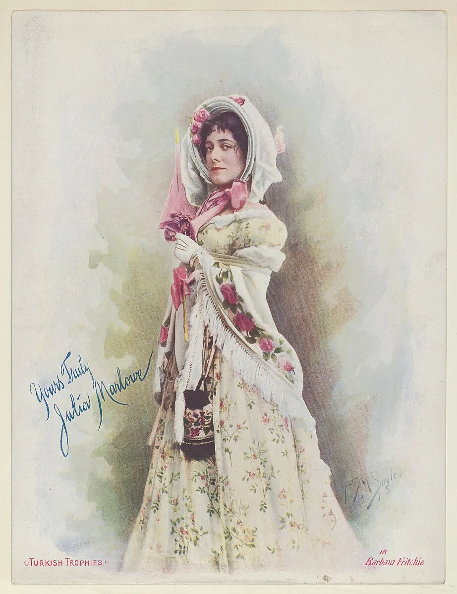 Julia Marlowe in Barbara Fritchie, from the Actresses series (T1), distributed by the American Tobacco Co. to promote Turkish Trophies Cigarettes — American Tobacco Company|Frederick Moladore Spiegle
