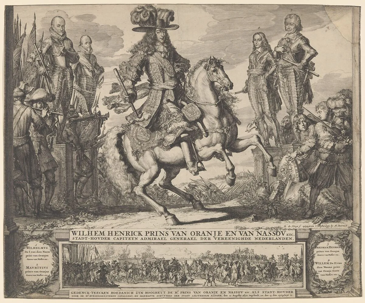 William III as Prince of Orange, with the four preceding Stadthouders, William I, Maurice, Frederick Hendrick, William II — Romeyn de Hooghe