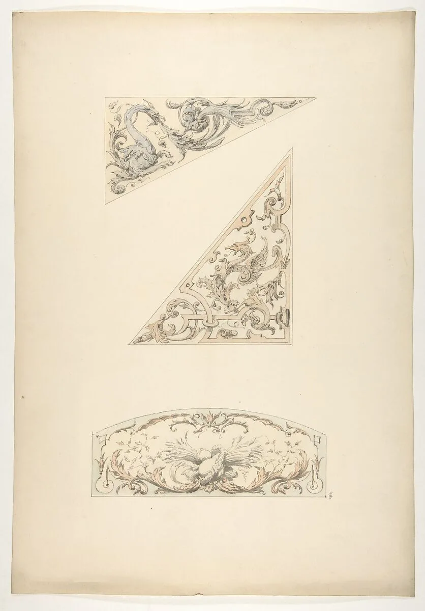 Three designs for painted decorative motifs featuring griffins and scrollwork — Jules-Edmond-Charles Lachaise|Eugène-Pierre Gourdet