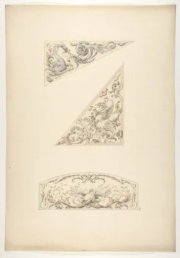 Three designs for painted decorative motifs featuring griffins and scrollwork