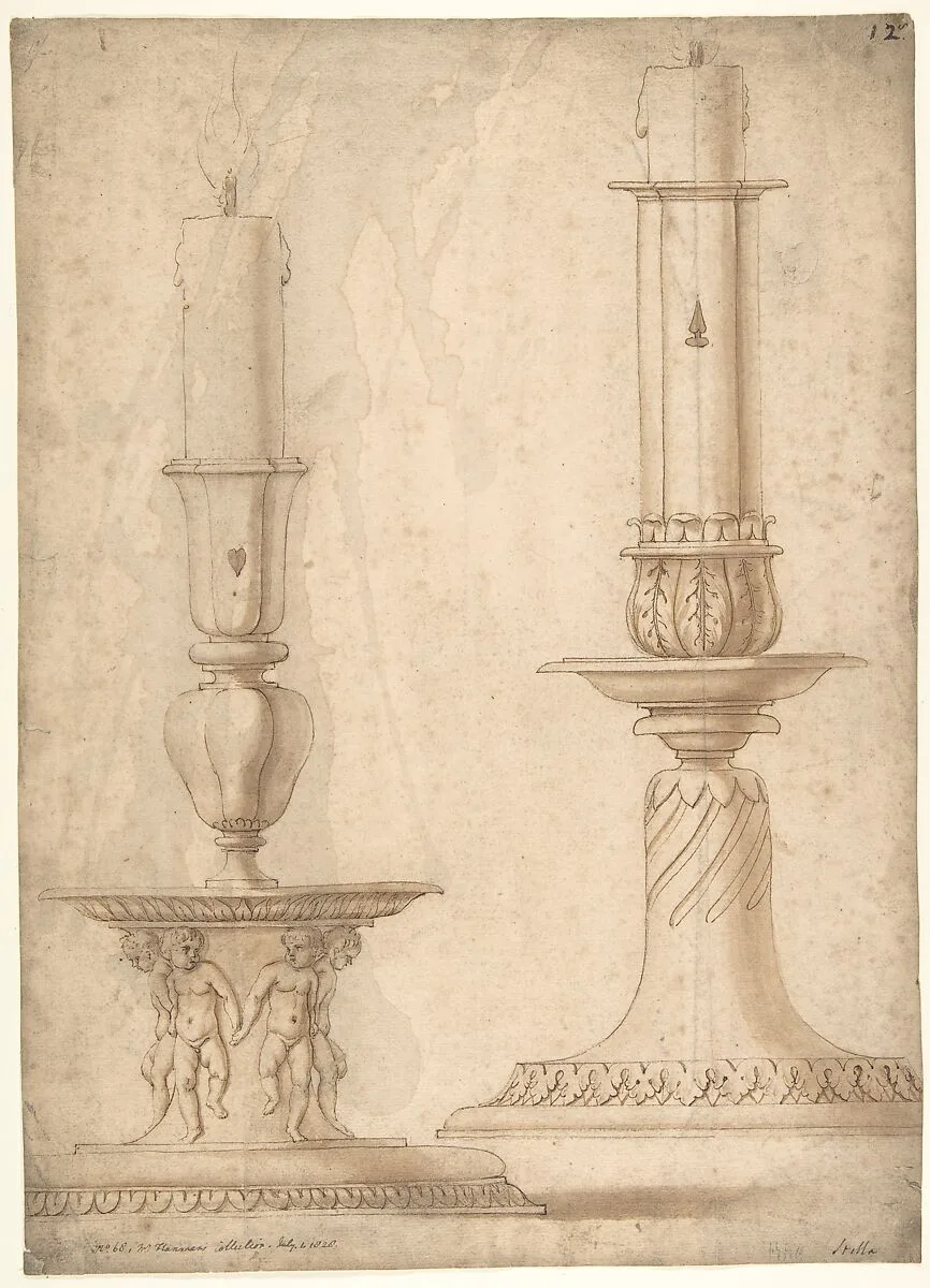 Design for Two Candlesticks with decorated Bases — Giulio Romano