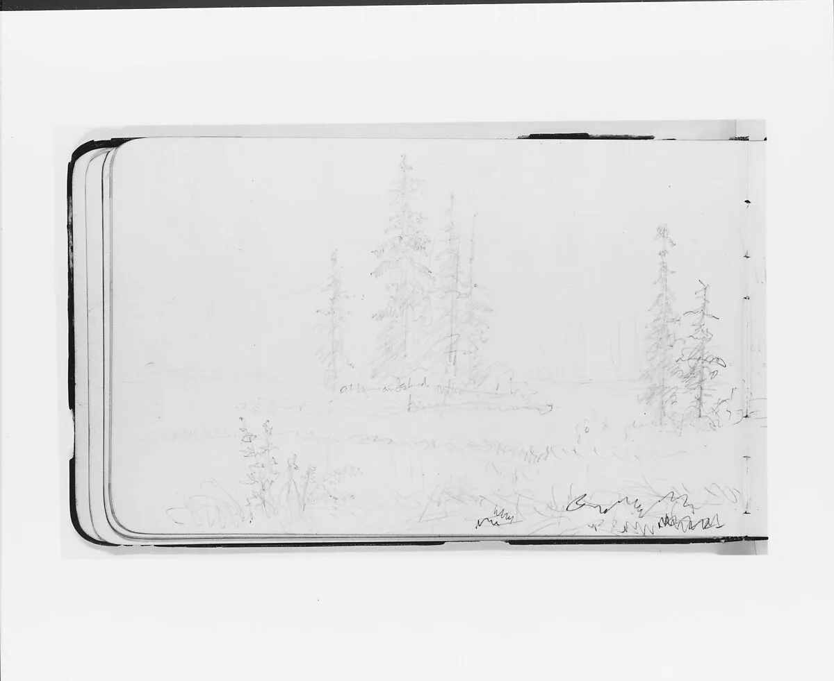 Mountain Landscape with River (Stave?), Trees, and Island (from Sketchbook) — Albert Bierstadt