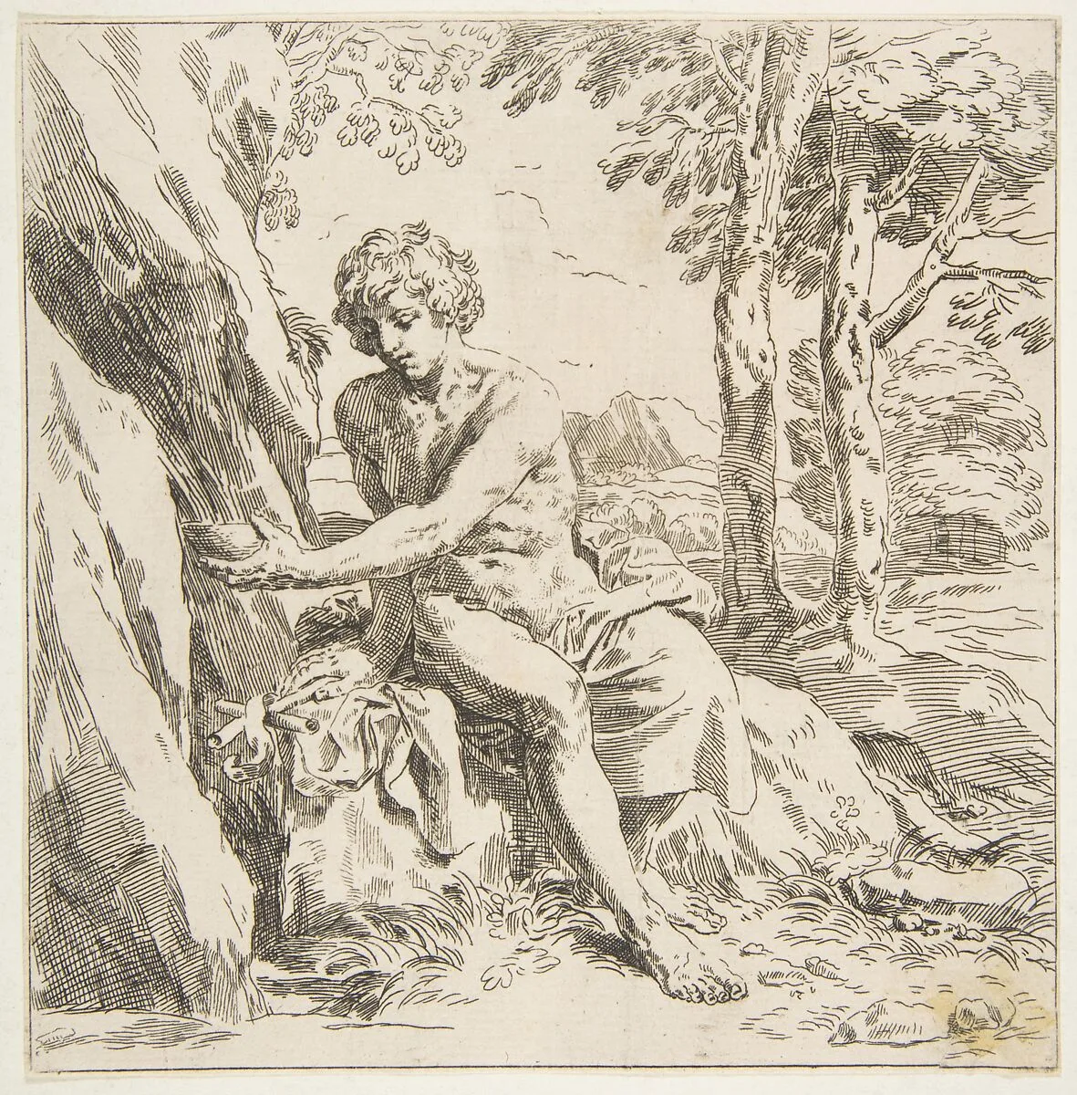 Saint John the Baptist in the desert, copy in reverse after Cantarini — Simone Cantarini