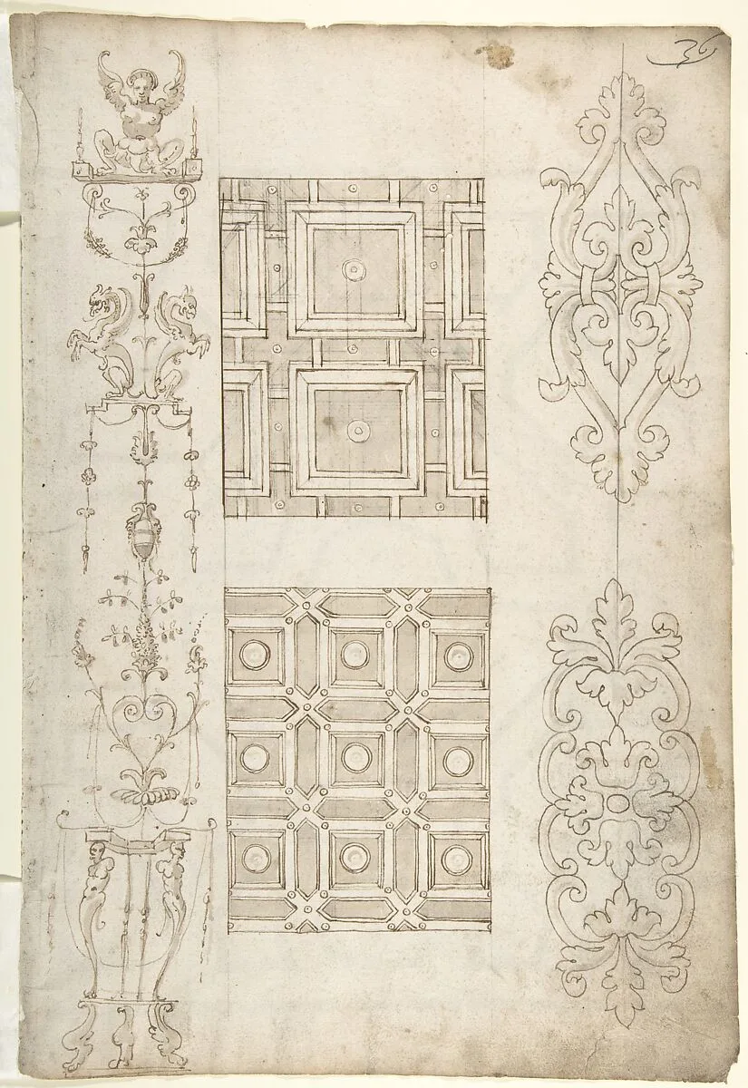 Grotesque Decoration and Ceiling Designs (Recto); Geometric Design (Verso) — Anonymous, Italian, 16th century