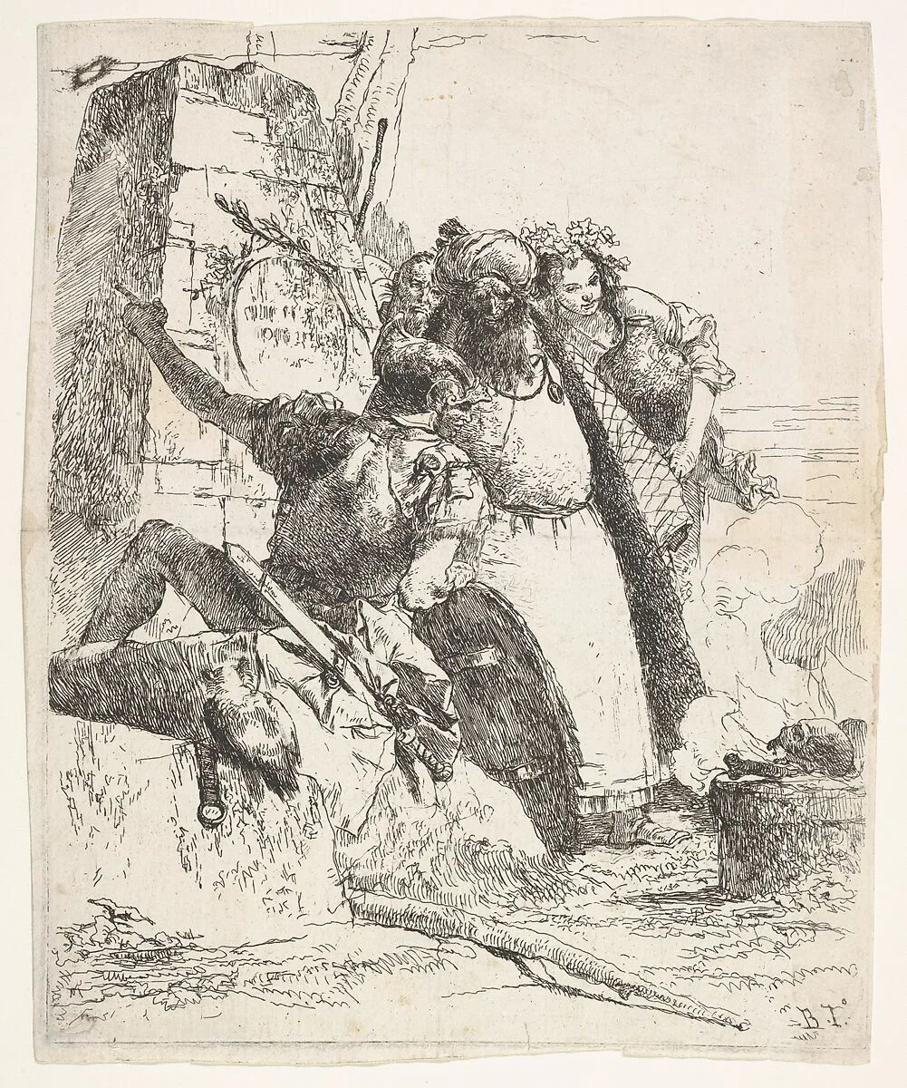 A scene of necromancy: a woman bearing a vessel, a turbaned man, and a soldier look toward a pedestal upon which a skull and limb bone are burning, a bearded male figure's face is visible behind the group, from the series 'Turns of fantasy' (Scherzi di fantasia) — Giovanni Battista Tiepolo