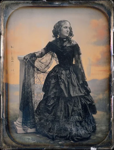 [Woman in Black Taffeta Dress and Lace Shawl]