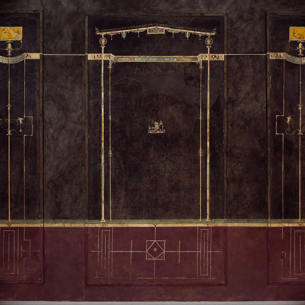 Wall painting on black ground: Aedicula with small landscape, from the imperial villa at Boscotrecase — Unknown