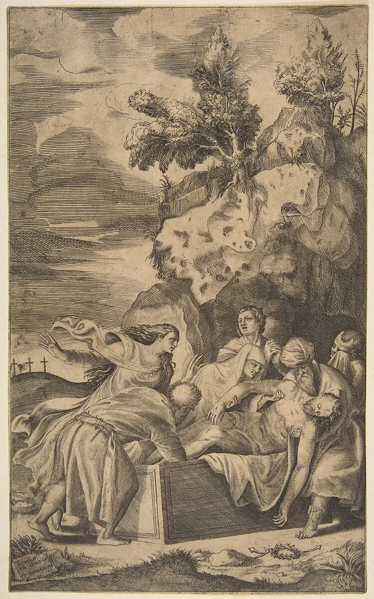 The entombment of Christ, the crosses on Calvary visble in left background — Giulio Bonasone|Titian (Tiziano Vecellio)
