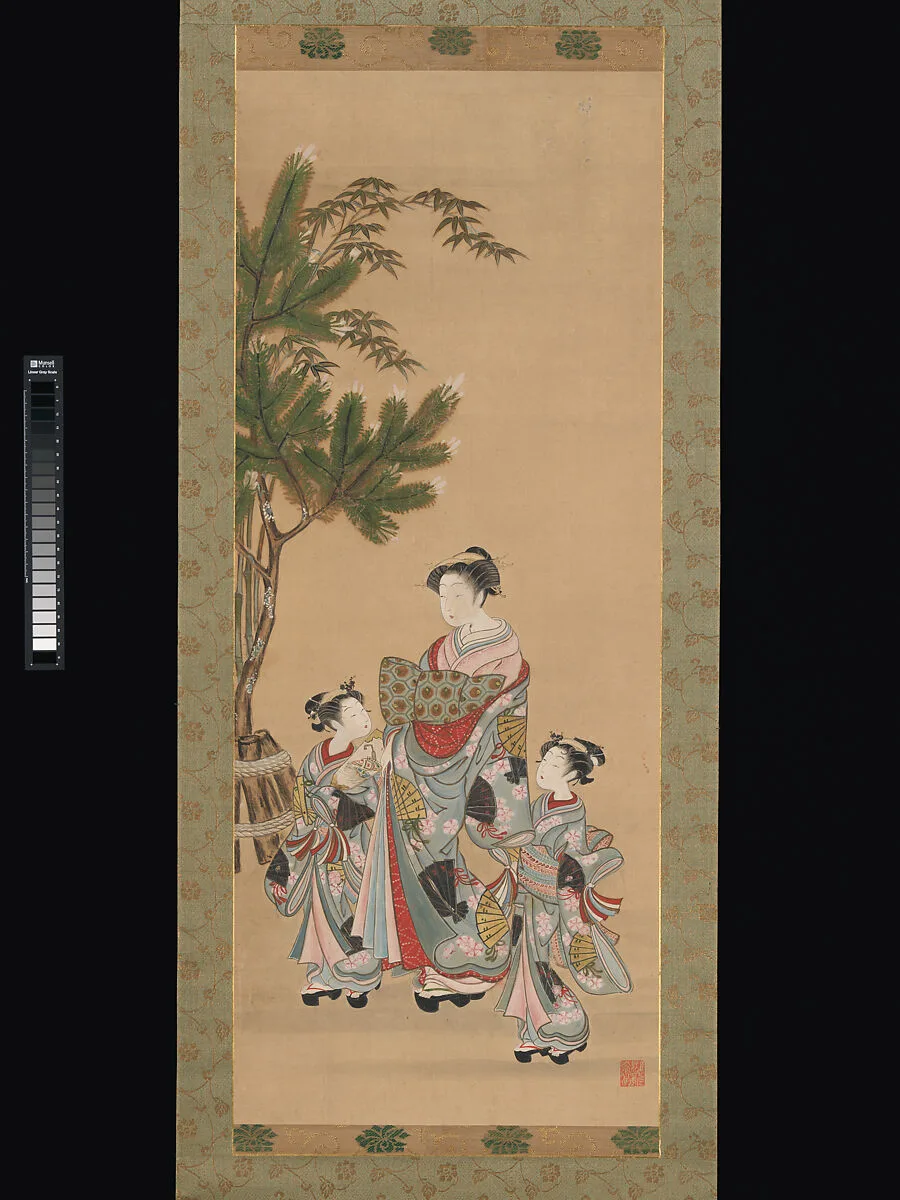 磯田湖竜斎筆 花魁と禿の初詣図|Courtesan and Two Attendants on New Year's Day — Isoda Koryūsai
