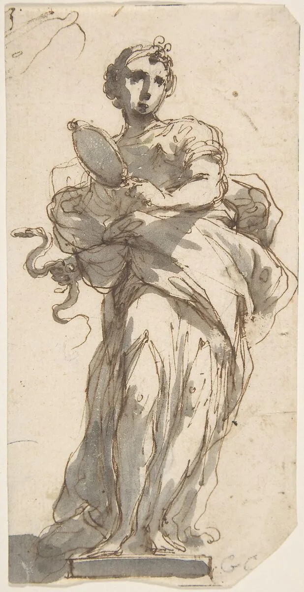 Design for a Statue of Prudence with Sketches at Upper Left Corner. — Giuseppe Bernardino Bison