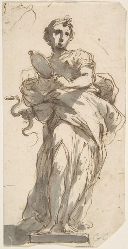 Design for a Statue of Prudence with Sketches at Upper Left Corner.