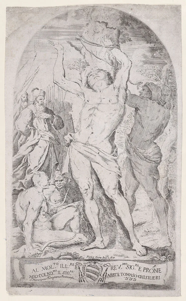 Saint Sebastian being tied to a tree — Girolamo Pedrignani|Pietro Testa
