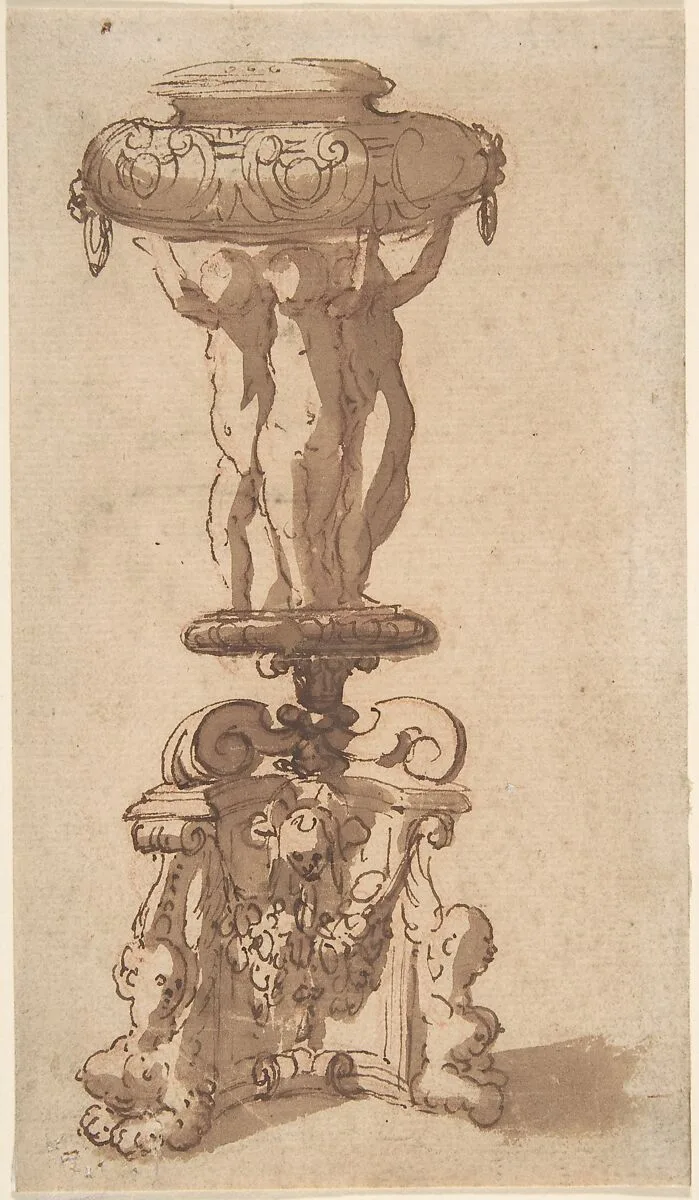 Design for an Urn, Supported by Three Children on a Piedestal with Sphinxes as Feet. — Anonymous, Italian, 17th or 18th century