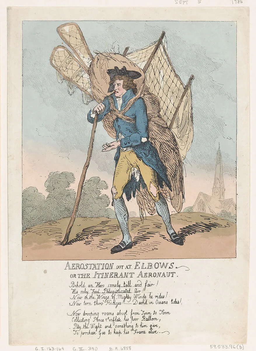 Aerostation out at Elbows, or The Itinerant Aeronaut — Thomas Rowlandson|Vincent Lunardi|S. W. Fores