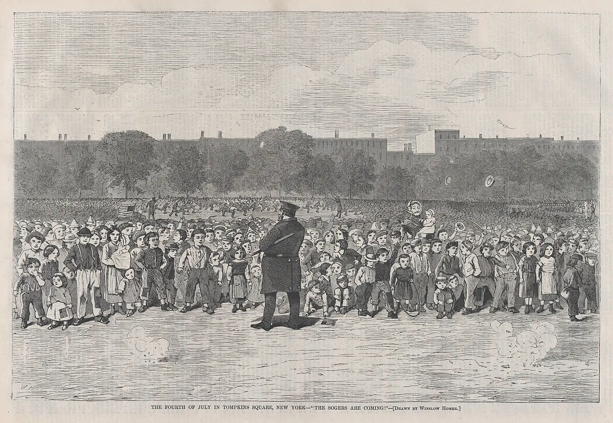 The Fourth of July in Tompkins Square, New York – "The Sogers Are Coming" (from "Harper's Bazar: A Repository of Fashion, Pleasure and Instruction," Vol. I) — Winslow Homer|Harper & Brothers