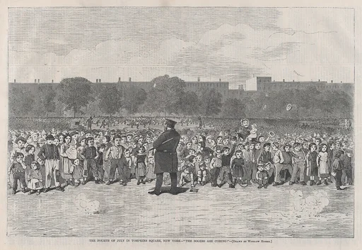 The Fourth of July in Tompkins Square, New York – "The Sogers Are Coming" (from "Harper's Bazar: A Repository of Fashion, Pleasure and Instruction," Vol. I)