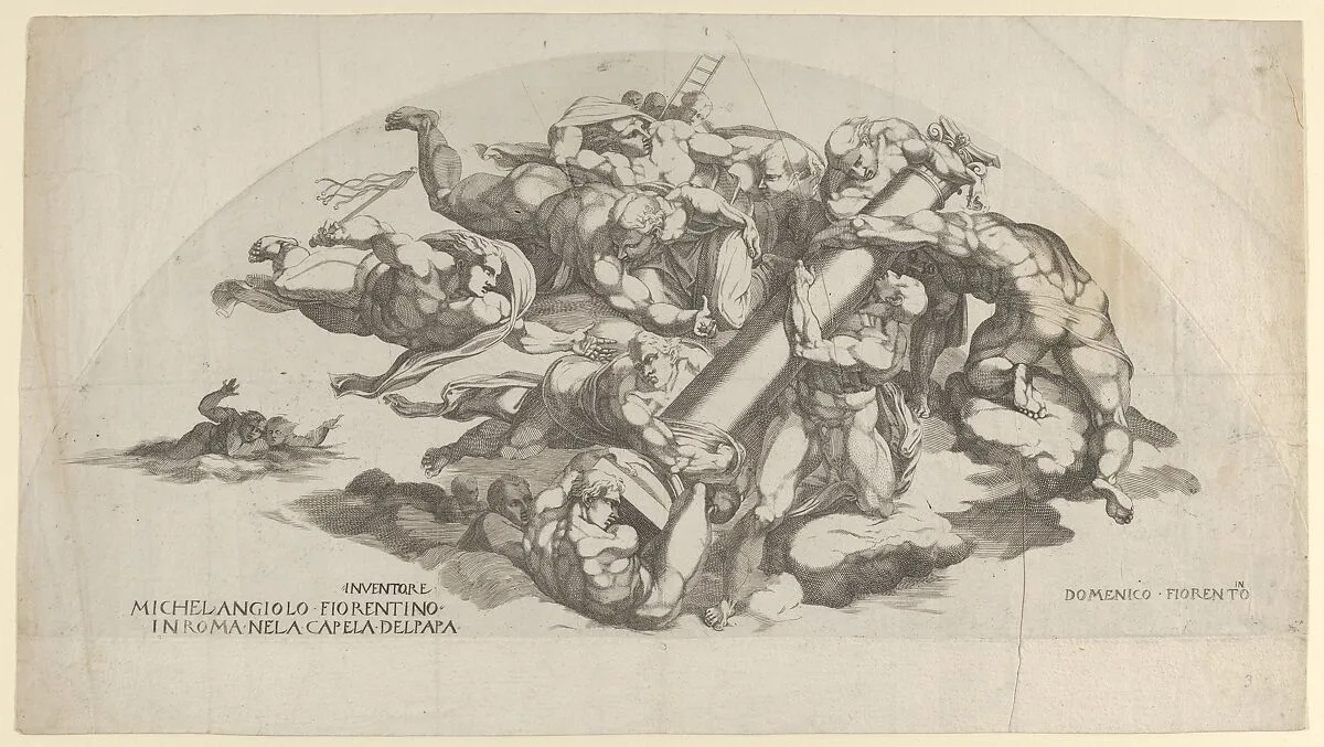 Group from the Last Judgment, Angels Carrying the Column of the Flagellation and the Sponge and Ladder of the Crucifixion — Michelangelo Buonarroti|Domenico del Barbiere