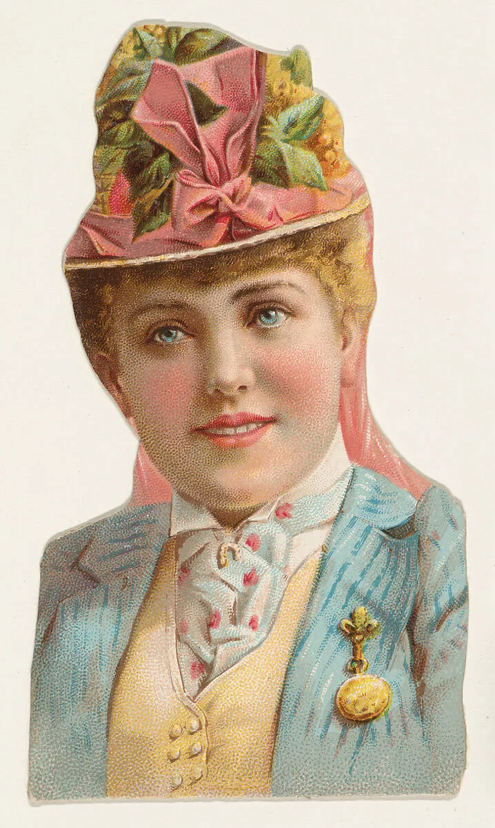 Actress wearing gold brooch, from Stars of the Stage, Fourth Series (N132) issued by Duke Sons & Co. to promote Honest Long Cut Tobacco — W. Duke, Sons & Co.|American Tobacco Company