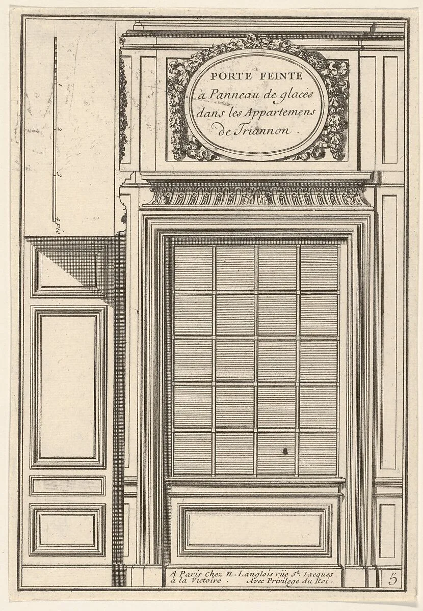 Hidden Door covered with a Mirror in the Trianon Palace,plate V from the Series 'Portes a Placard et Lambris', published as part of 'L'Architecture à la Mode' — Jean Le Pautre|Nicolas Langlois
