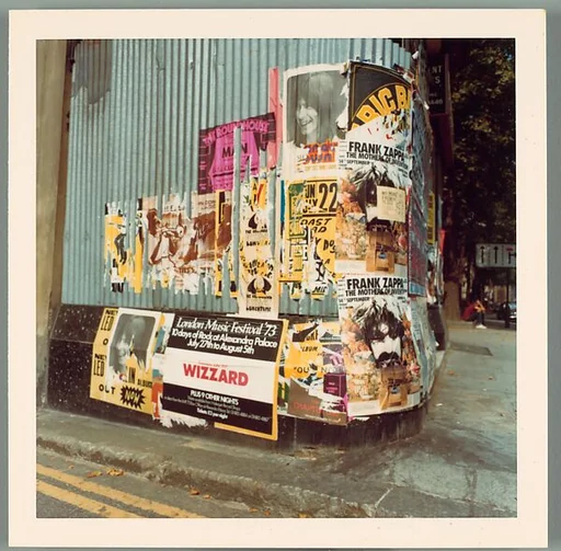 [Nine Views of Building Corner with Torn Rock Concert Posters, London, England]