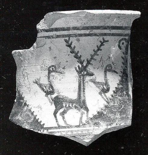 Vessel fragment with a stag flanked by long-necked birds