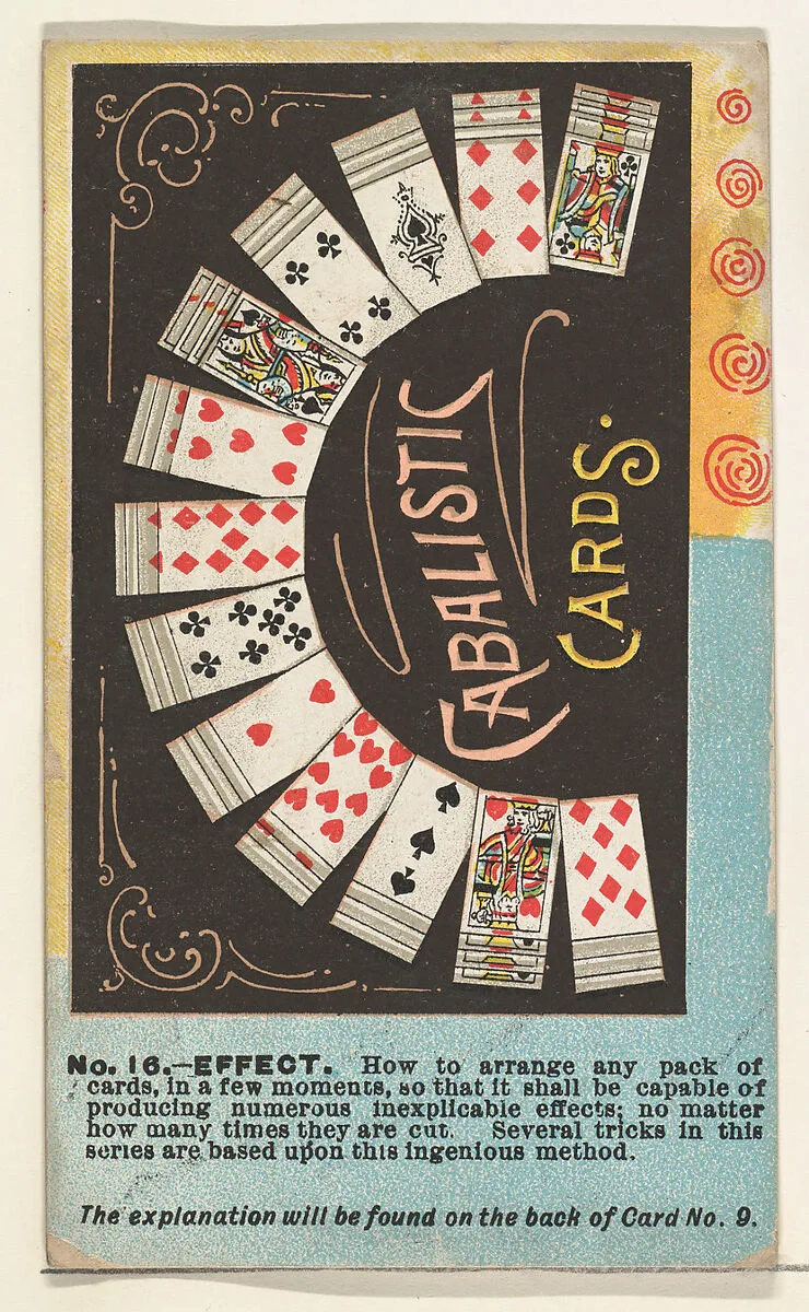 Number 16, Cabalistic Cards, from the Tricks with Cards series (N138) issued by W. Duke, Sons & Co. to promote Honest Long Cut Tobacco — The Giles Company|W. Duke, Sons & Co.