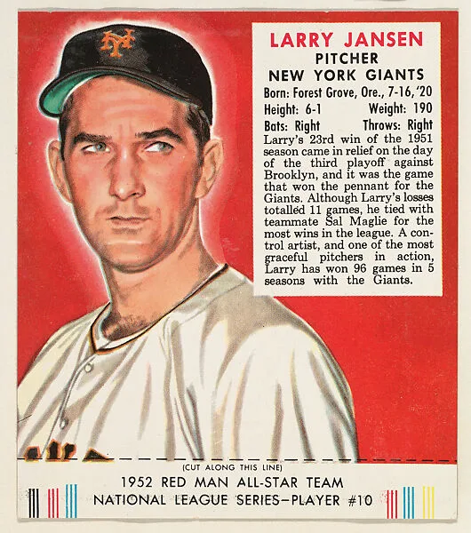 Larry Jansen, from the Red Man All-Star Team series (T232), issued by Red Man Chewing Tobacco — Red Man Chewing Tobacco