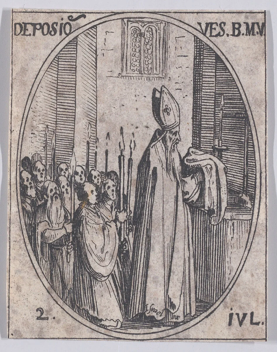 La Déposition des Vêtements de la Sainte Vierge (The Deposition of the Virgin's Clothes), July 2nd, from "Les Images De Tous Les Saincts et Saintes de L'Année" (Images of All of the Saints and Religious Events of the Year) — Israël Henriet|Jacques Callot