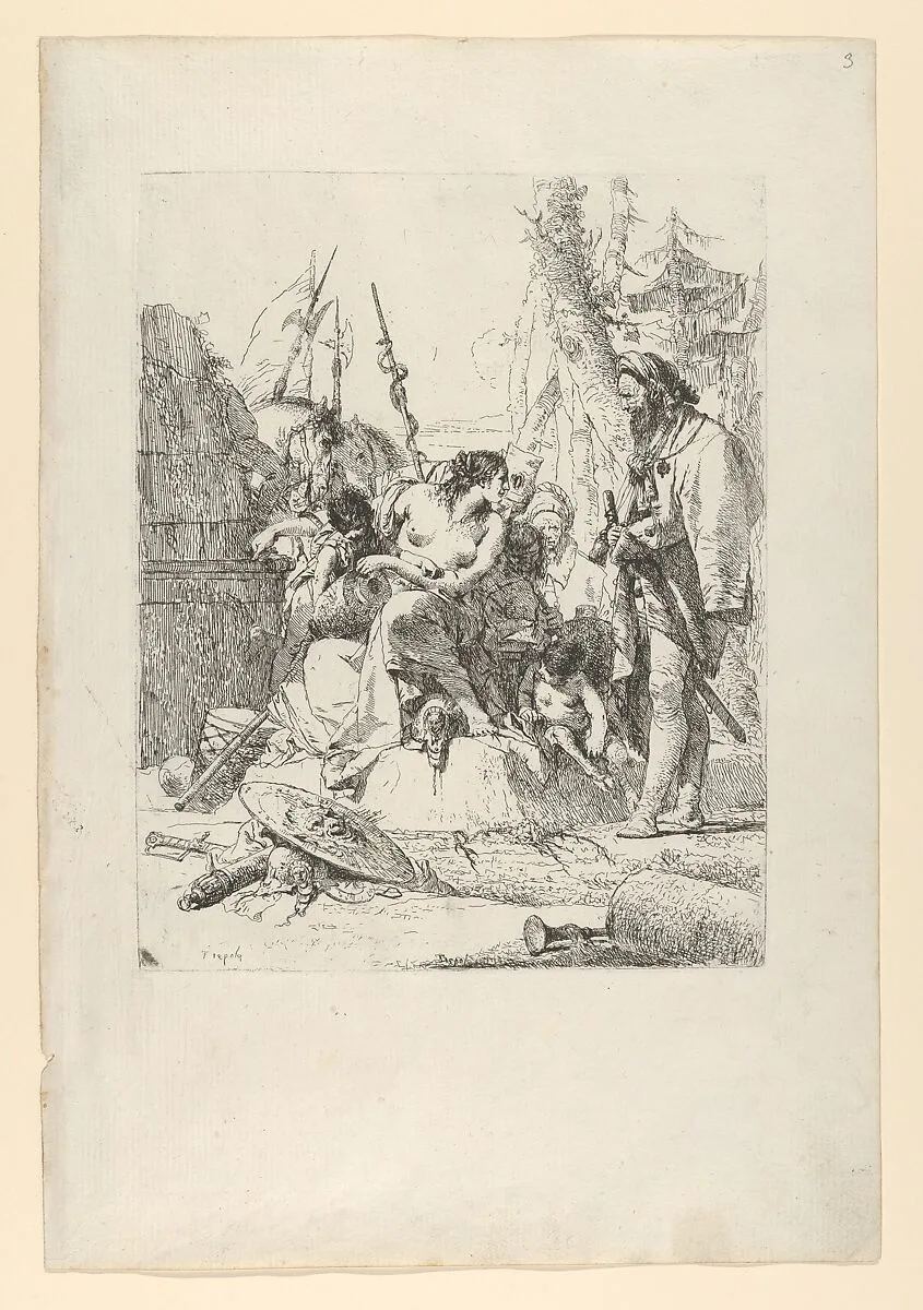 Half-dressed Nymph with two children, surrounded by four men, from the Scherzi — Giovanni Battista Tiepolo