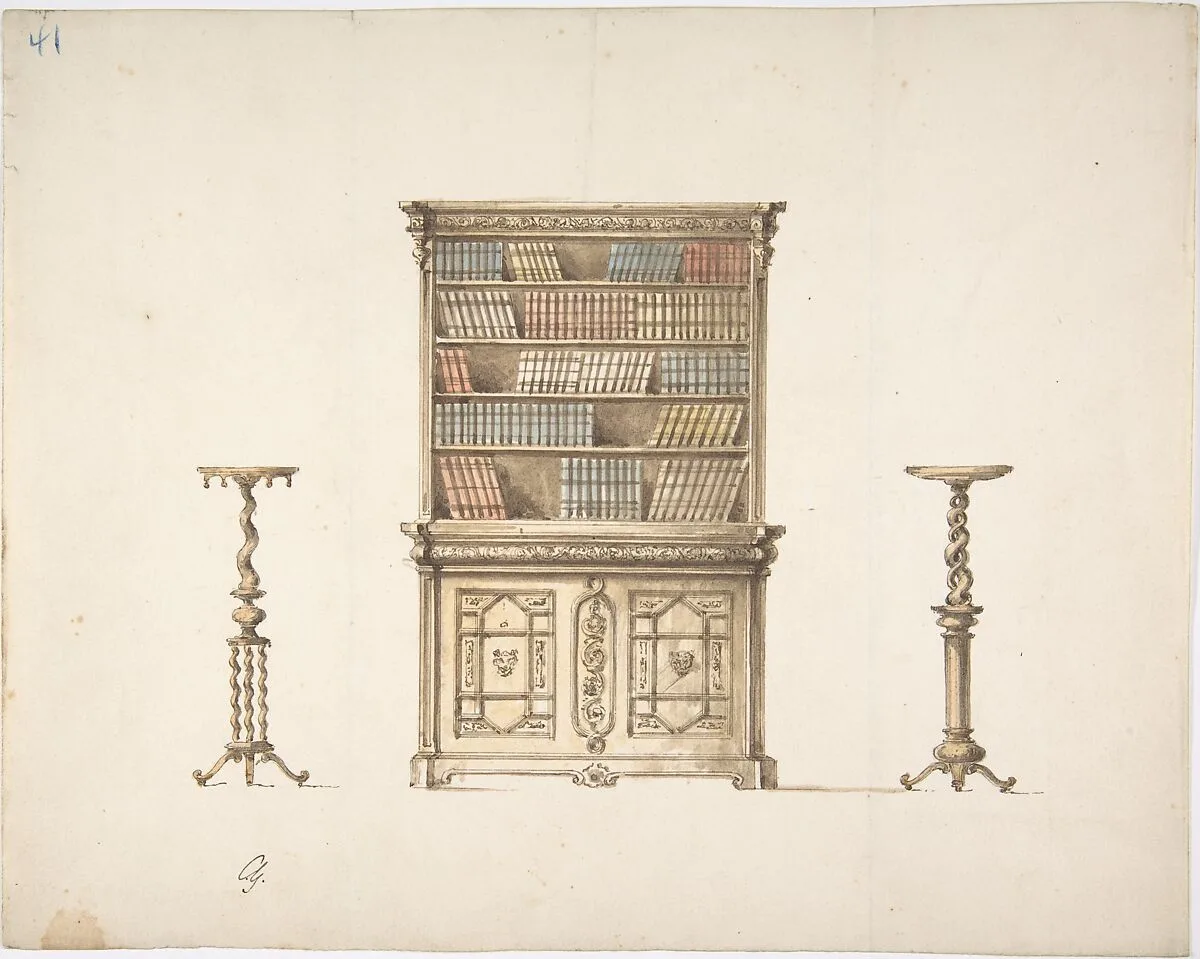 Design for a Bookcabinet and Two Pedestals (Verso: sketch) — Anonymous, British, 19th century
