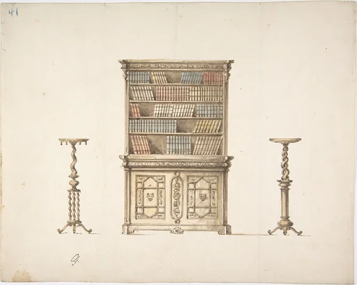 Design for a Bookcabinet and Two Pedestals (Verso: sketch)