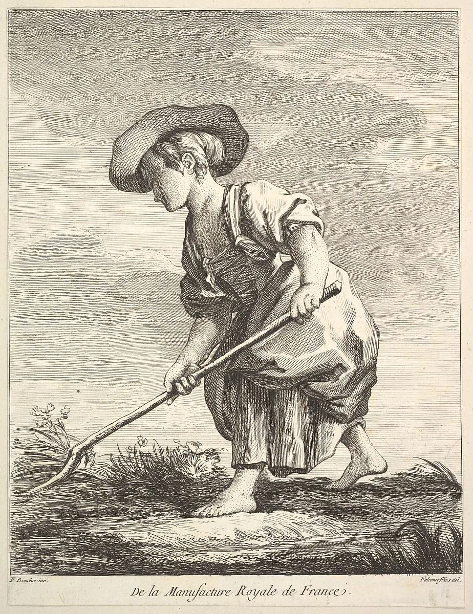 Little girl doing farm work, from Premier Livre de Figures d'après les porcelaines de la Manufacture Royale de France, inventées en 1757, par Mr. Boucher (First Book of Figures after porcelains from the Manufacture Royale de France, devised in 1757, by Mr. Boucher) — François Boucher|Pierre Etienne Falconet