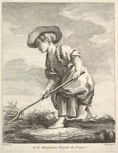 Little girl doing farm work, from Premier Livre de Figures d'après les porcelaines de la Manufacture Royale de France, inventées en 1757, par Mr. Boucher (First Book of Figures after porcelains from the Manufacture Royale de France, devised in 1757, by Mr. Boucher)
