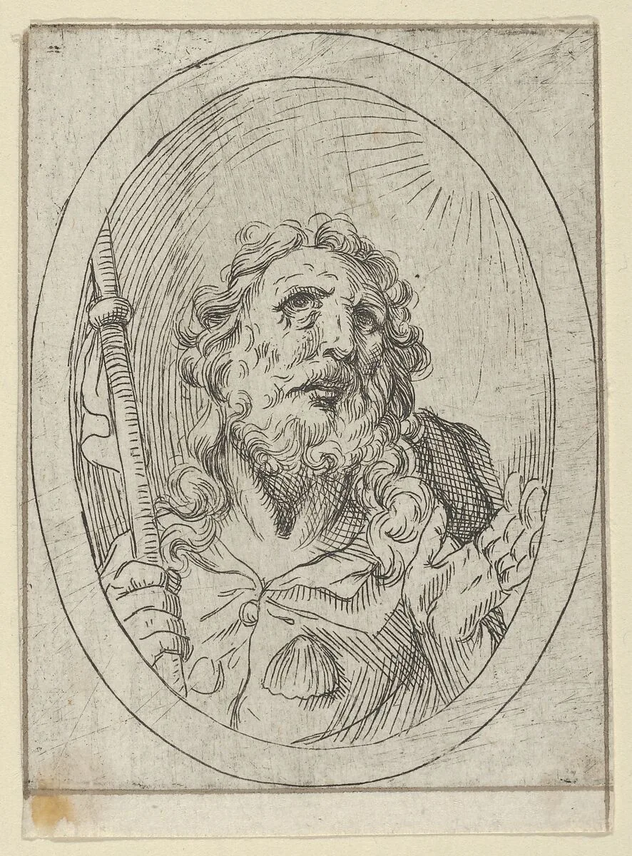 Saint James Major, looking upwards and holding a staff, from "Christ, the Virgin, and Thirteen Apostles" — Guido Reni|Anonymous, 17th century