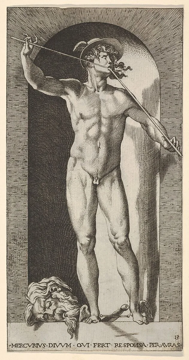 Plate 14: Mercury standing in a niche playing his pipes, with the severed head of an old man and a sword at his feet, from "Mythological Gods and Goddesses" — Giovanni Jacopo Caraglio|Rosso Fiorentino