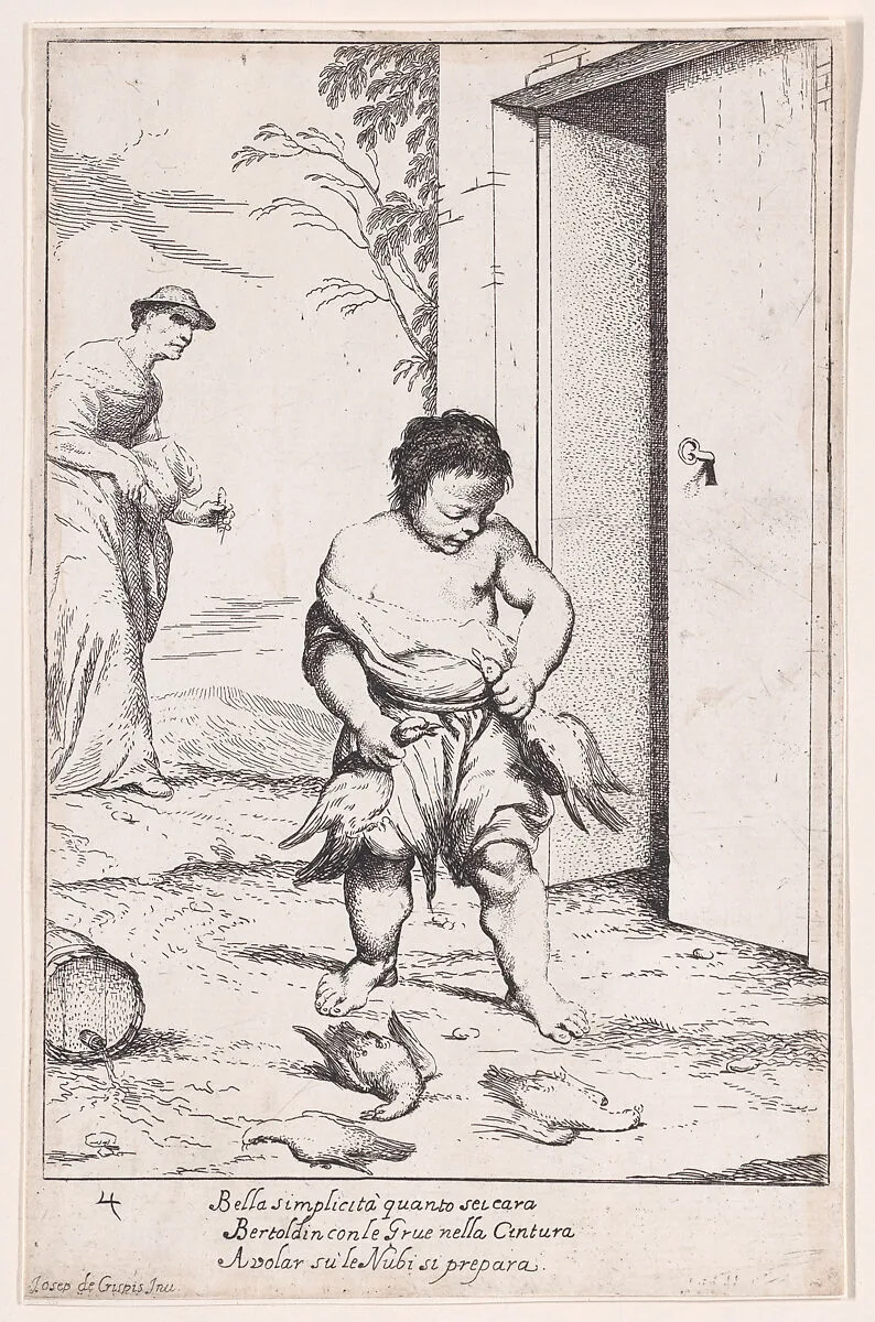Plate 10: Bertoldino fastening geese to his belt, from "Bertoldo, Bertoldino, and Cacasenno" — Giuseppe Maria Crespi